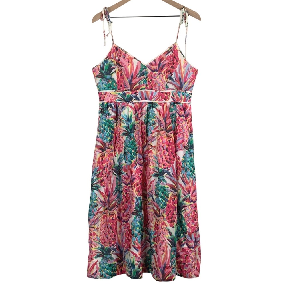 J.CREW Pineapple Print Tie Shoulder Cotton Midi Dress Sz 8 Pink Pockets
